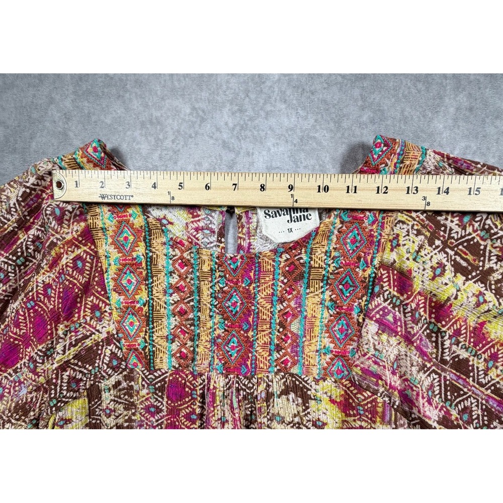Savanna Jane Womens 1X Rayon Blouse Brown Geometric Embroidered Boho Peasant - Picture 6 of 8